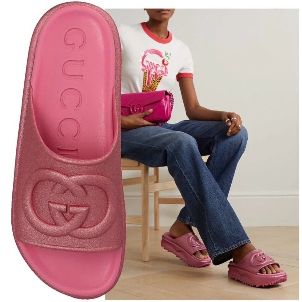 Gucci Fuchsia Pink Glitter Rubber Slide Platform Sandals - Size 39
